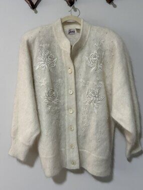 Jamie Vintage Sz Medium Ivory Angora Lambs Wool Blend Cardigan Sweater Oversized